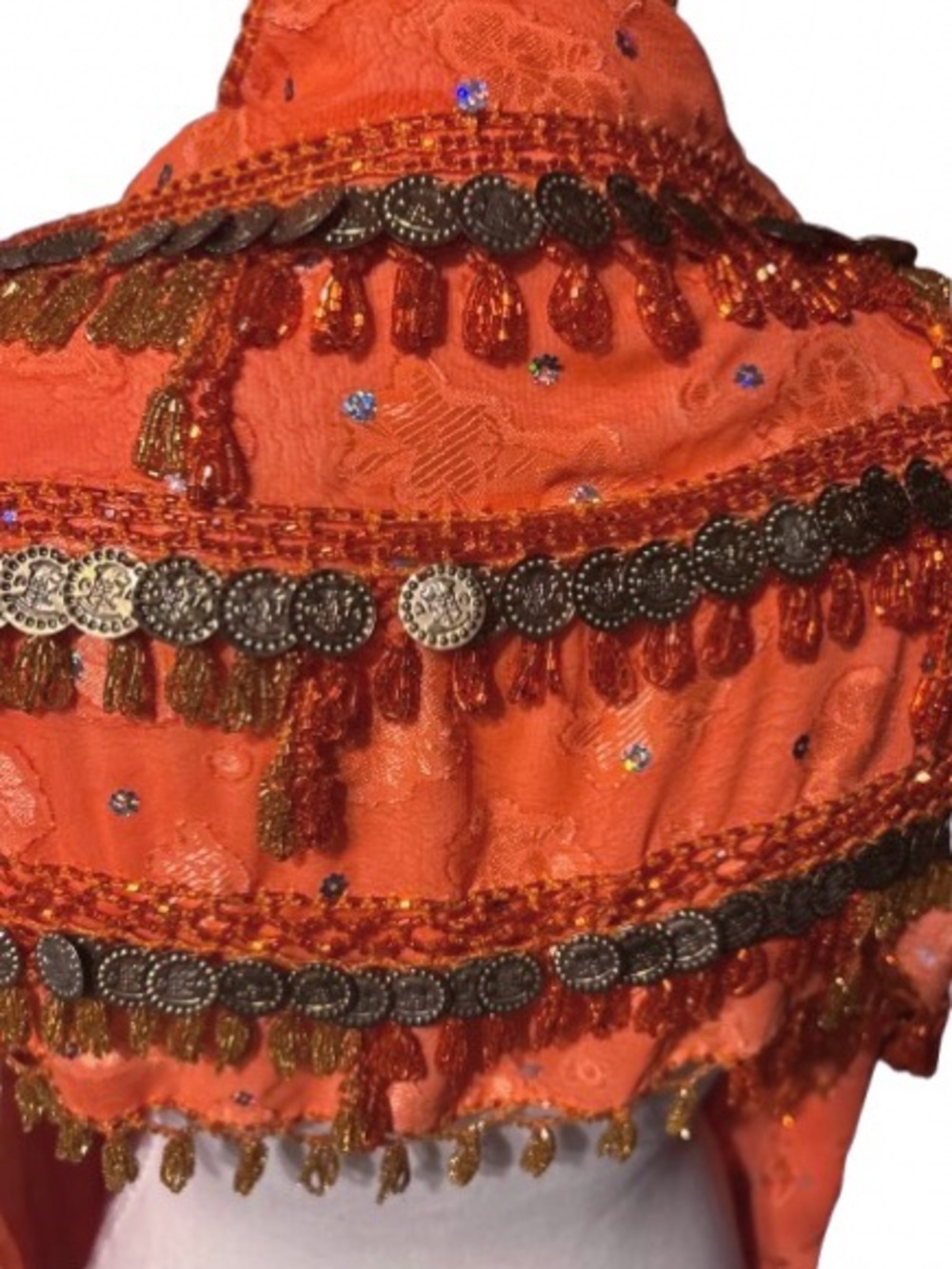 Vintage Belly Dancing Scarf Beaded Coins Floral Orange Red Fringe Shawl - Picture 10 of 12